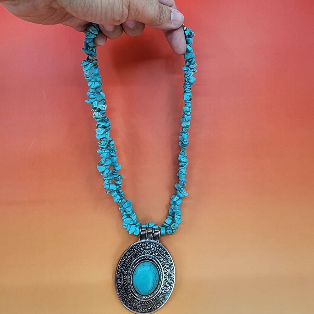 Faux Turquoise Chip Bead Necklace Large Oval Pendant Boho Southwestern Statement